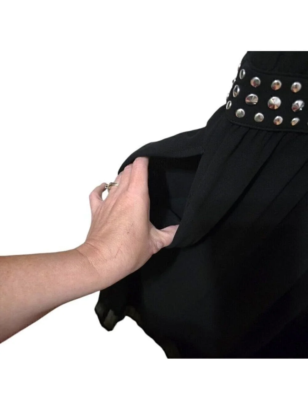 Michael Kors Black Studded Smocked Ruffle Neck Mini Dress Sz S